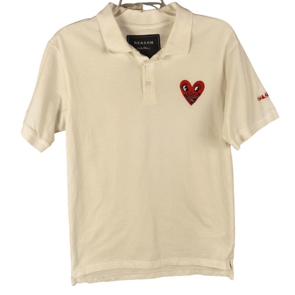 Reason x Keith‎ Haring Polo Shirt Mens Small White Embroidered Heart Streetwear